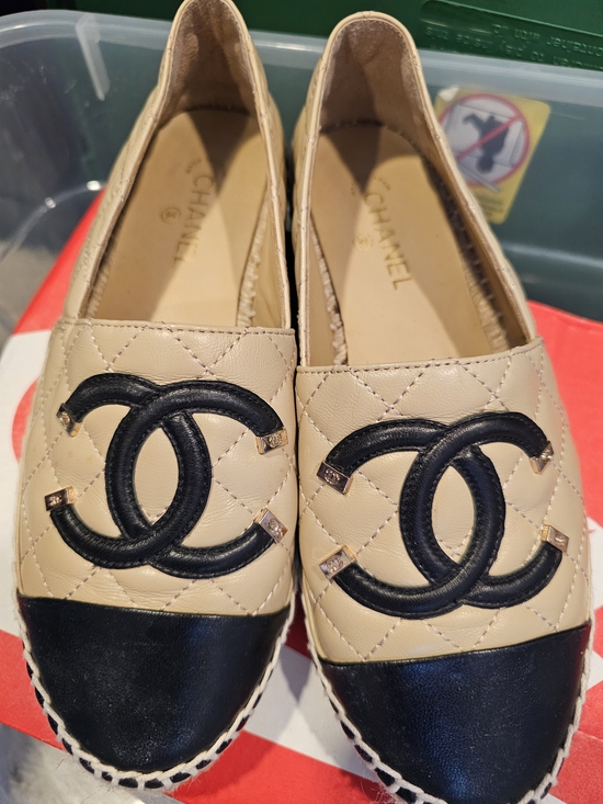 CHANEL Shoes - Chanel Two-Tone Quilted Espadrille Flats - Beige & Black